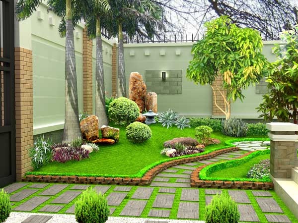 Thiết kế tiểu cảnh sân vườn + ngay tường hàng rào